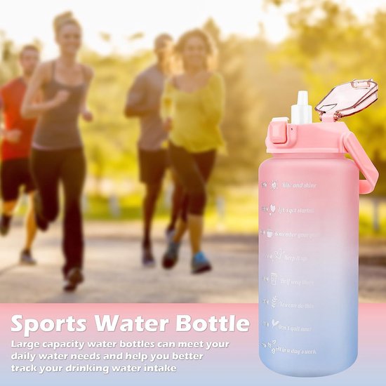 Drinkfles met rietje, 2 liter, sportdrank, BPA-vrij, lekvrij, sportwaterfles met rietje en tijdmarkering voor school, outdoor, fiets, fitness, wandelen