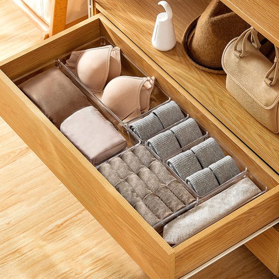 16 stuks opbergsysteem voor laden, 5 maten, gescheiden lade-organizer, opbergsysteem, antislip, transparante make-up-organizer, lade voor make-uptafel, keuken, badkamer (transparant)