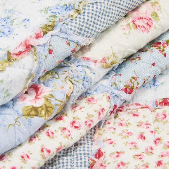 Patchworkdeken, sprei, katoen, 140 x 200 cm, doorgestikt, tweezijdige deken, blauwe bedsprei, 150 x 200 cm, voor eenpersoonsbed, kleine bankdeken in landelijke stijl met bloemenpatroon
