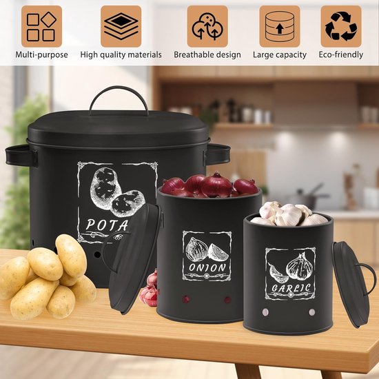 3-pack aardappelbewaardoos, veelzijdige aardappelpottenset met ventilatiesysteem houdt groenten langer vers, ideaal voor uienopslag en aardappelopslag (zwart)