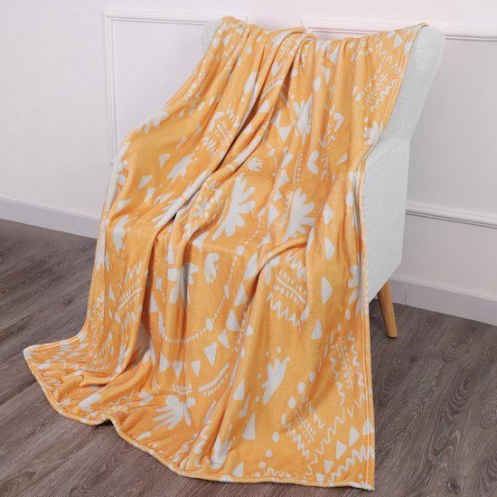 fleecedeken, 127 x 152 cm, zachte en warme knuffeldeken, pluizig, Boheems kreukbestendig winterdeken, bankdeken voor bank, bed, slaapkamer, woonkamer, kantoor - oranjebloesem