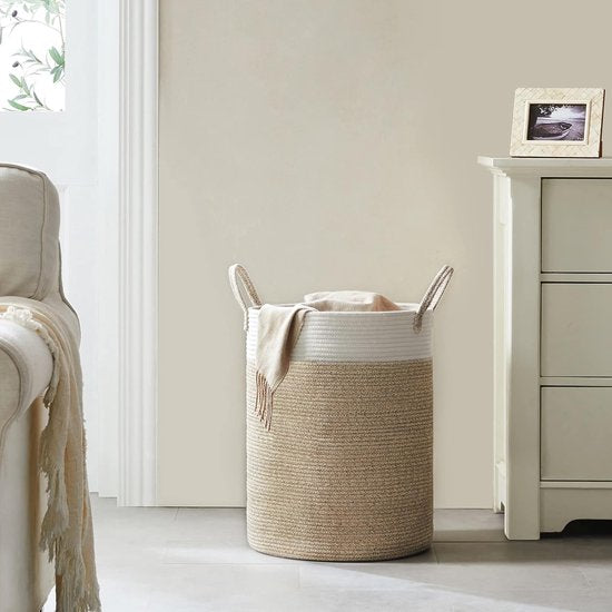 Wasmand gevlochten wasverzamelaar speelgoed opbergmand met handvat handgemaakt katoen wit en bruin