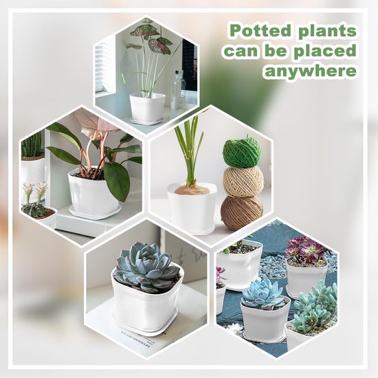 10 stuks witte bloempotten, kleine vierkante plantenpotten met schotels, kunststof bloempotten, moderne kweekpotten, vierkante pot, plantenpot, bloempot voor planten, balkon (9 x 9 x 8 cm)