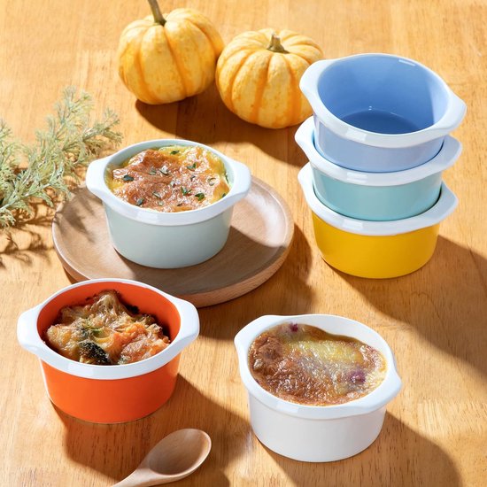 Bakvorm taartvorm, soufflévormen porselein, 6-delige mini ovenschaal ovenvormen voor crème brûlée dessertsoufflé, ronde vorm, inhoud 160 ml, optimale inhoud 140 ml