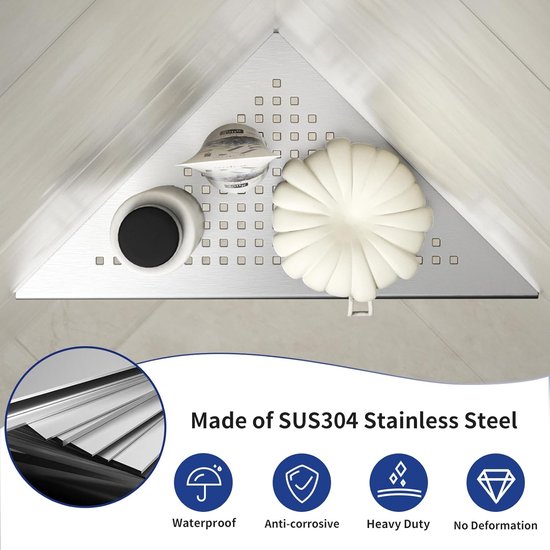 Hoekplank, doucheplank, 304 roestvrij staal, zonder boren, voor badkamer, shampoohouder, organizer, vierkant gat 253 x 253 x 355 mm, geborsteld