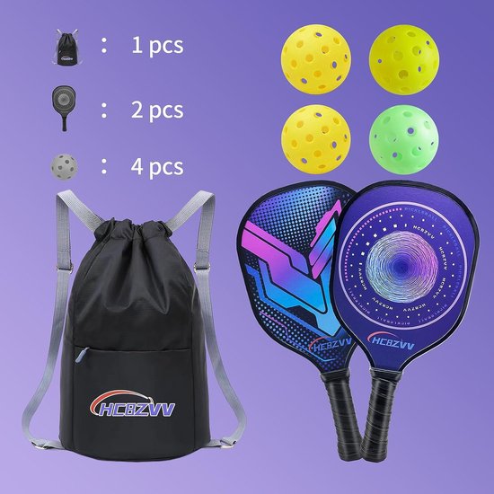 Pickleball Paddles Racket Set, Pickleball Paddle Set met 2 Rackets en 4 Ballen, 1 Draagbare Tas, Ergonomische Comfort Grip, Outdoor en Indoor, Geschikt voor Beginners (2 Stuks)