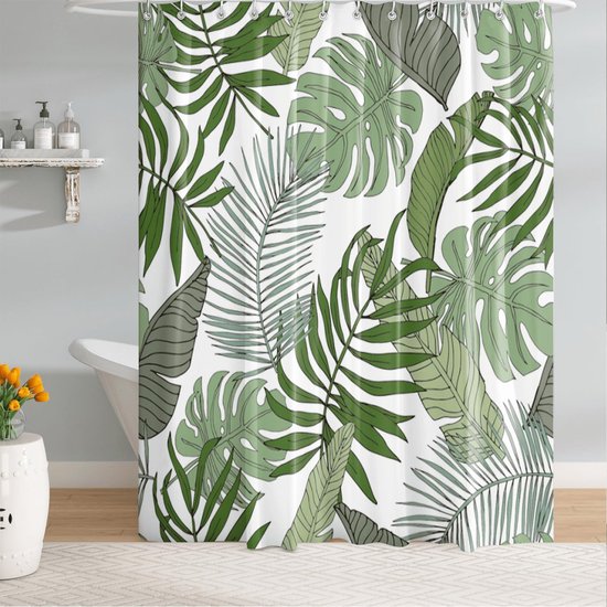 Douchegordijn handgeschilderde diepgroene bananenbladeren mosgroen grote bladeren exotische bladmotieven tropische planten hoogwaardig douchegordijn van 100% waterdicht polyester maat 180x200