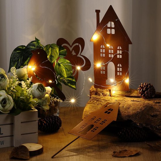 5 stuks roestige tuin decoratie set roestige huizen tuin staken tuinhuizen tuin staken metalen decoratieve plug huis voor het aansluiten in roest look voor tuin patio balkon