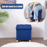Opvouwbare kruk fluweel met opbergruimte en deksel met houten poten, 40 x 40 x 40 cm, blauw