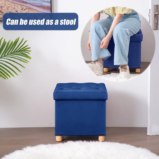 Opvouwbare kruk fluweel met opbergruimte en deksel met houten poten, 40 x 40 x 40 cm, blauw
