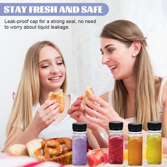 Pak van 12 kleine flesjes voor het vullen van plastic sapflessen gembershotflessen 60 ml mini plastic flessen plastic flessen lege smoothiefles met trechterborstel voor gemberschnapps