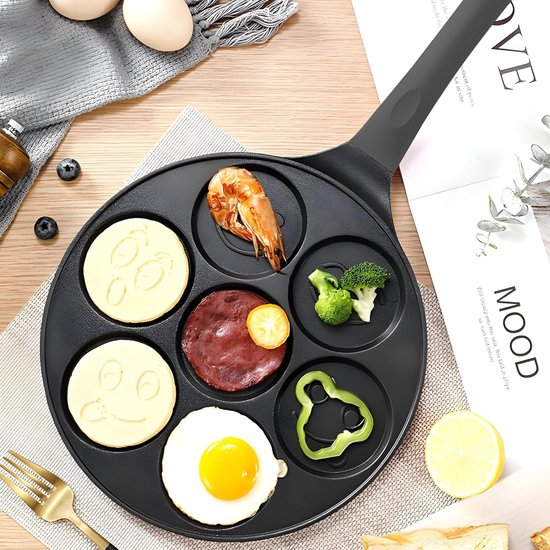 Pannenkoekenpan, 7 grappige kindermotieven, patroon, smiley, 26 cm, anti-aanbakpan voor pannenkoeken, pannenkoekenpan en eieren, zwart, kleur