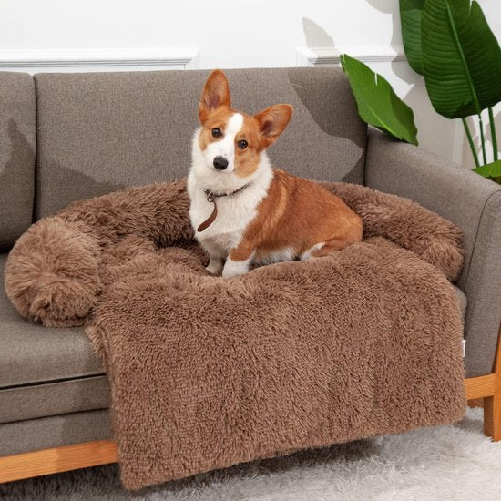 Rustgevend hondenbed, hondenkussen, wasbaar, bankbescherming, hondendeken, waterdichte en antislip hondenmat met ritssluiting, hondenbed voor bank Pluizig cadeau voor honden en katten (S, bruin)