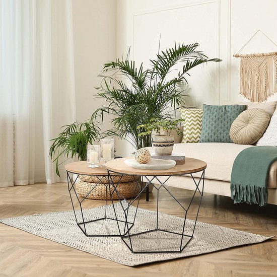 Set van 2 bijzettafels, houten plaat op stevig metalen frame - salontafel met mandfunctie, woonkamertafel, rieten tafel, metalen tafels - ideaal voor woonkamer, slaapkamer, kantoor - Lichtbruin hout/zwart - Pentagon