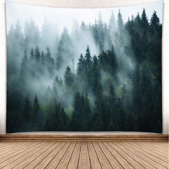 Wandtapijt Bos Groen, Mistig Wandkleed Bos voor Slaapkamer, Wanddoeken Landschap, Muuropknoping Bos, Doek voor de muur in huisdecoratie Extra groot 274x203cm