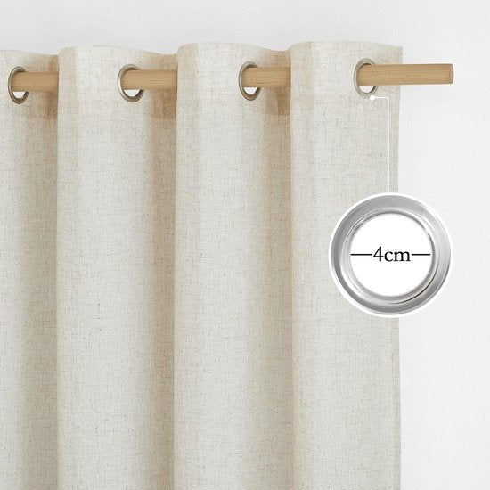 Woonkamerlinnengordijn, Boho-ooggordijn, set van 2, H 245 x B 140 cm, linnenlook, in landhuisstijl, semi-transparant