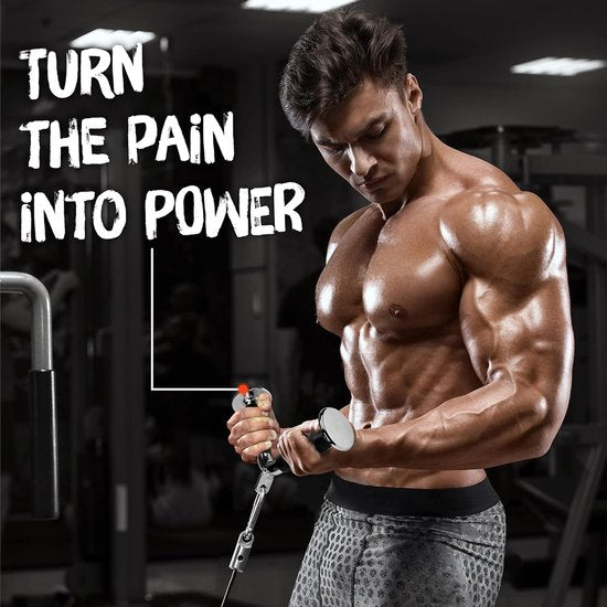 Machineaccessoires, uittrekbaar (optie): tricepstouw, afzonderlijke D-greep, V-vormige stang en roterende rechte staaf.