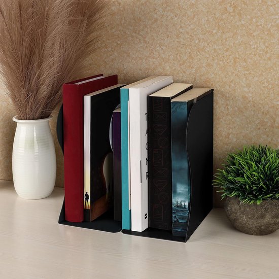Verstelbare Stabiele Boekensteunen Metaal Zwart - Uitschuifbaar tot 41 cm - Antislip Boekensteun Zwart voor Boeken & CD's - Houder voor Mappen, Planken, Kantoor, Bibliotheek, Thuis en School