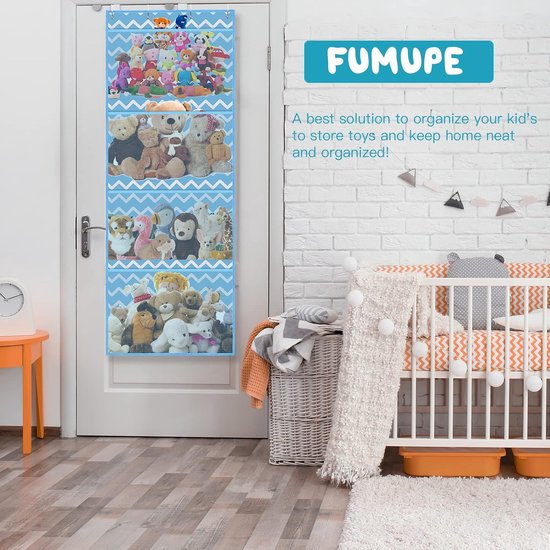 Opbergtas voor knuffeldieren, voor knuffeldieren, babyaccessoires en vochtige doeken, ademende hangorganizer met 4 grote vakken voor kinderkamer, slaapkamer