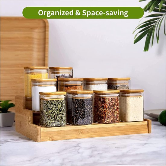 Voorraaddozen van glas, set van 10, 220 ml, kruidenpotjes, rechthoekig, houten deksel, voorraadpotten, glazen potten met deksel, klein, stapelbare opbergpotten, keuken voor specerijen, thee, suiker