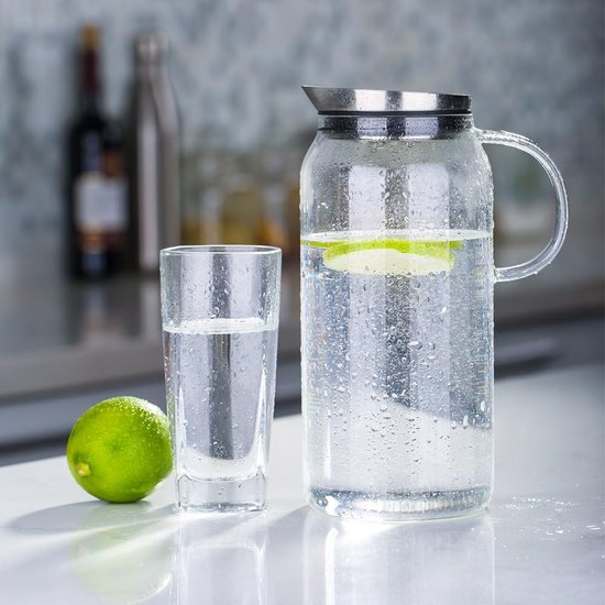 Glazen karaf 1500 ml (volledige capaciteit) glazen kan van borosilicaatglas waterkan met roestvrijstalen deksel karaf glazen kan