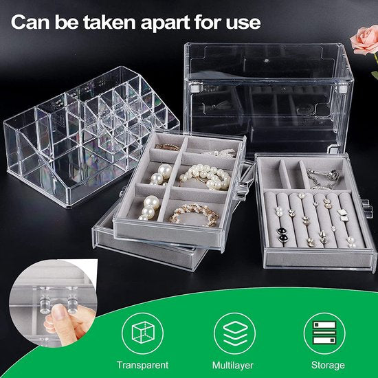 Sieradendoosje voor dames, sieradenkistje met 3 laden, acryl sieradendoos + lippenstift organizer voor ringen, horloges, oorbellen, armbanden, halskettingen