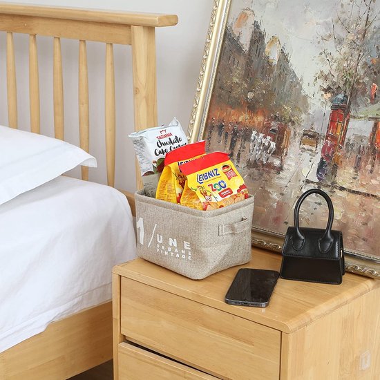 mini vierkante grijze en witte themamanden, opbergmanden van 100% linnen en katoen, opbergmanden voor planken en bureaus, set van 4