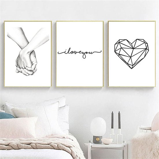 3-delige premium posterset, hand in hand, lijn liefde, modern, zwart, wit, liefde, foto's, wandfoto's, posterset voor woonkamer, slaapkamer, decoratie, zonder lijst (40 x 50 cm)