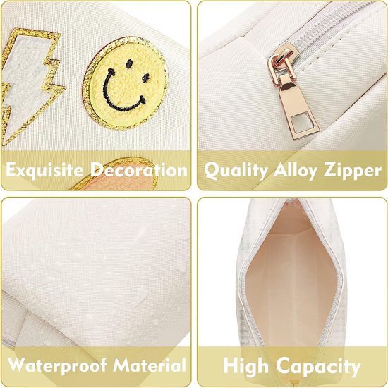 Draagbare make-uptas voor dames, make-uptas, esthetisch, glimlachprint, gezicht, cosmetica-organizer, toilettas met ritssluiting, geschikt als cadeau voor meisjes en moeders, beige, modern