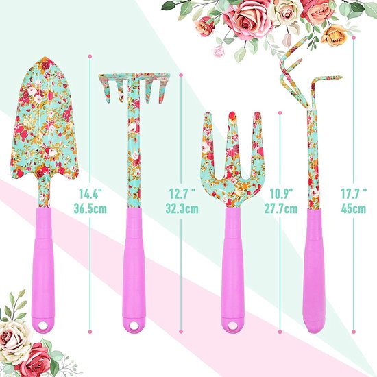 Flower Garden Tool Set 6-delige tuinset met mooie print Tuincadeaus voor vrouwen, inclusief verplantschepje, vork, handhark, cultivator, tuinhandschoenen en kniebeschermer