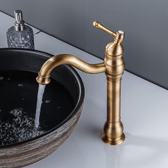 Kraan badkamer antiek messing, wastafel armatuur hoog 360° draaibaar, wastafel armatuur, retro, eengreepsmengkraan, slecht beslag, hoge uitloop voor badkamer
