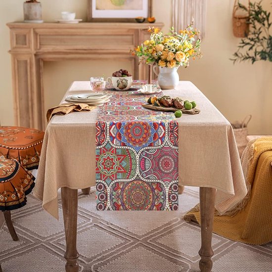 Mandala patroon tafelloper boho-stijl - boho tafelloper bont ornament commode tafelloper voor restaurants, bruiloften, tafelkleden, tuintafel van linnen katoen - 33 x 183 cm