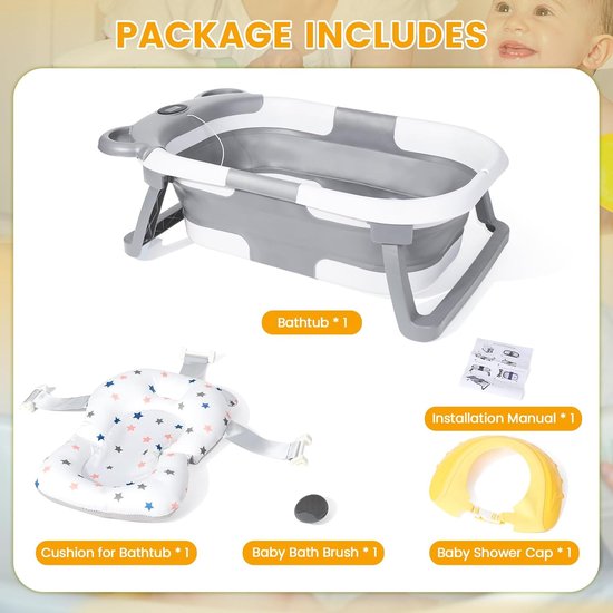 Opvouwbare babybadkuip met thermometer, babybadset voor pasgeborenen met babybadkussen, babybadborstel en douchemuts voor kinderen, kinderbad met afvoergat voor 0-24 maanden, grijs