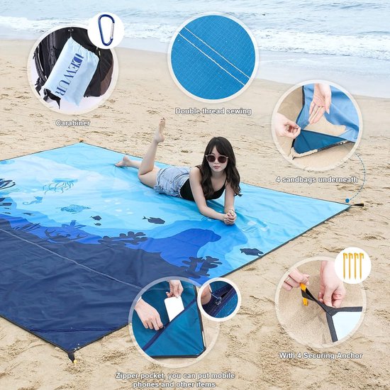 Stranddeken, zandvrij XXL-strandlaken, waterdichte strandmat, picknickdeken, groot voor vakantie, strand, camping, reizen (300 x 290 cm, Sea World)