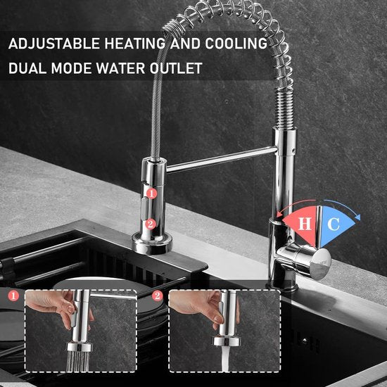 Keukenkraan met handdouche, 360° draaibaar, keukenkraan met veer, 2 straalsoorten.