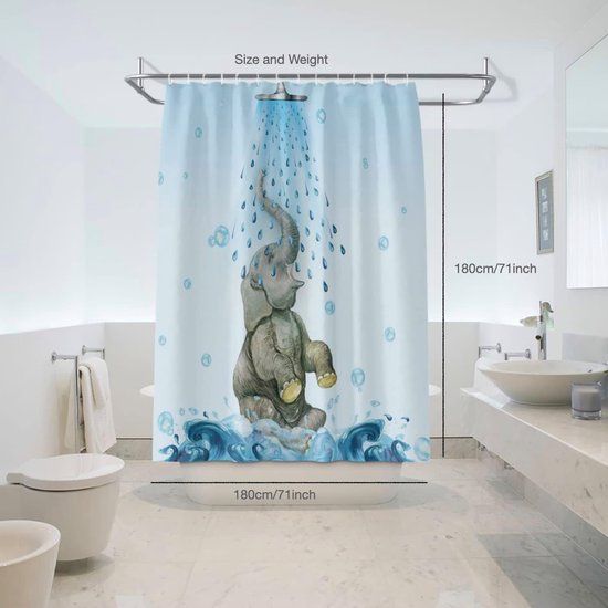 Waterproof Shower Curtain SC006 Cute Elephant Playing Under Shower Head Decoration Bathroom 180x180cm