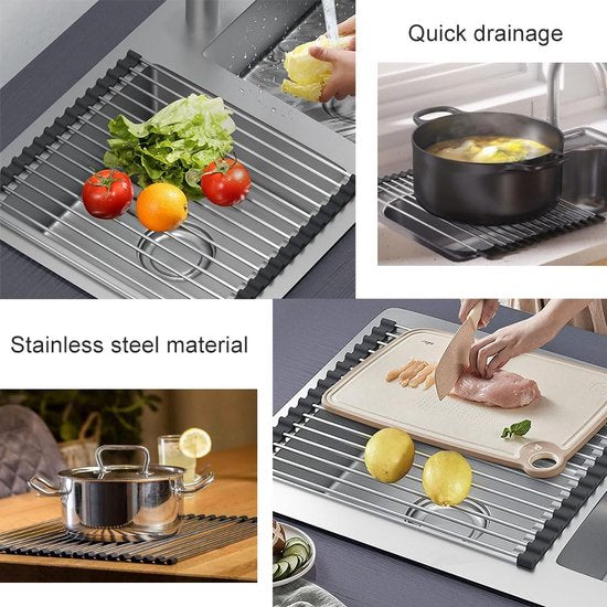 Roestvrij stalen afdruiprek, afdruiprek, afdruiprek, oprolbaar afdruiprek, inklapbaar en afneembaar, voor keuken, spoelbakken, fruit, groenten (43 x 40 cm)