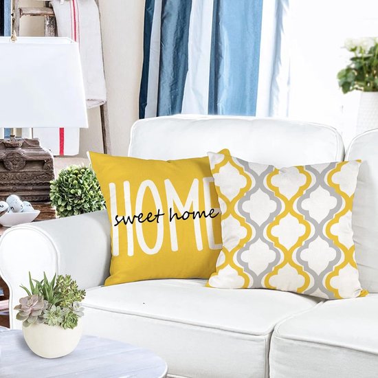 Kussensloop 60 x 60 cm, set van 4 decoratieve kussens, linnen kussenslopen, geometrisch patroon, kussenhoezen voor bank, slaapkamer, buiten, kussen, 60 x 60 cm, geel.