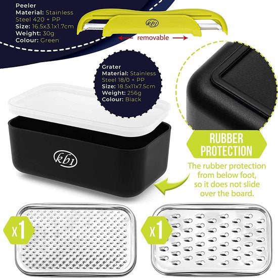 Rasp roestvrij staal en doos met deksel en schilfer, opbergdoos met beschermende rubberen voeten, keukenrasp kaasrasp groentenrasp ideaal voor kaas- en fruitliefhebbers, zwart