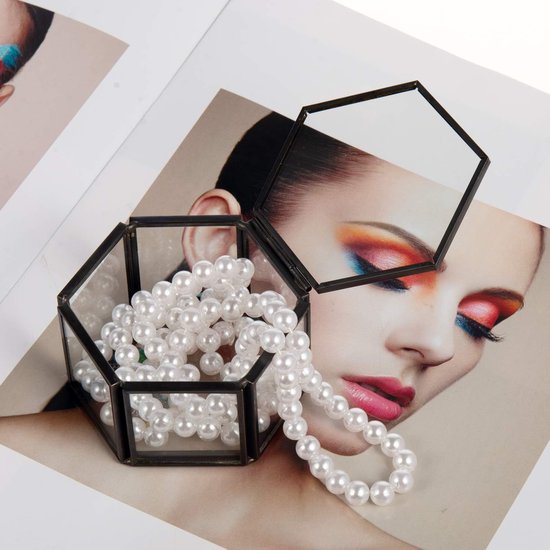 Glazen juwelendoos, geometrische ringdoos, opslag, decoratie, bloemen, sieraden voor woonkamer, Moederdag, bruiloft, 8 x 7 x 4,5 cm (zwart)