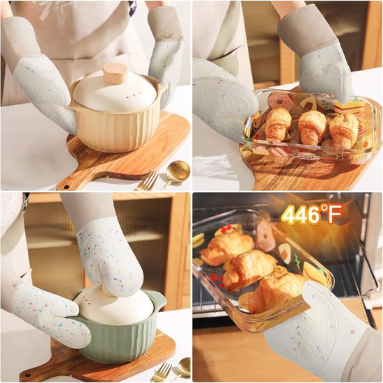 Ovenhandschoenen, set van 1 paar siliconen en katoen, antislip, hittebestendige ovenhandschoenen, ovenhandschoenen voor keuken, koken, bakken, grillen, BBQ, met 1 pannenlap