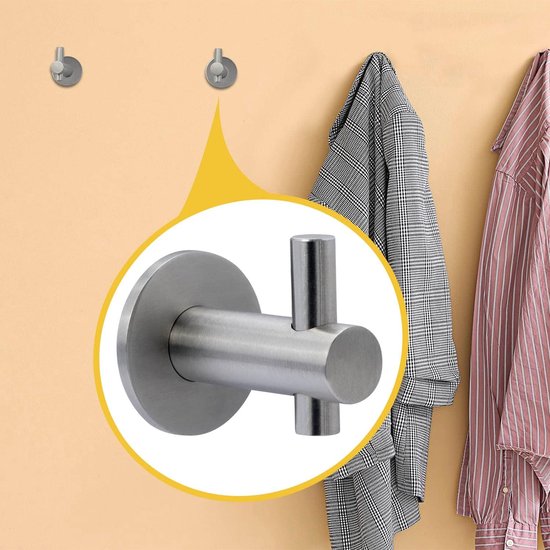 4 x wandhaken, kledinghaken, wandhanddoekhaken, echt geborsteld roestvrij staal, roestvrij, badkamerhanddoekhouder voor wandmontage inclusief montageset, modern, rond, lengte: 25 mm