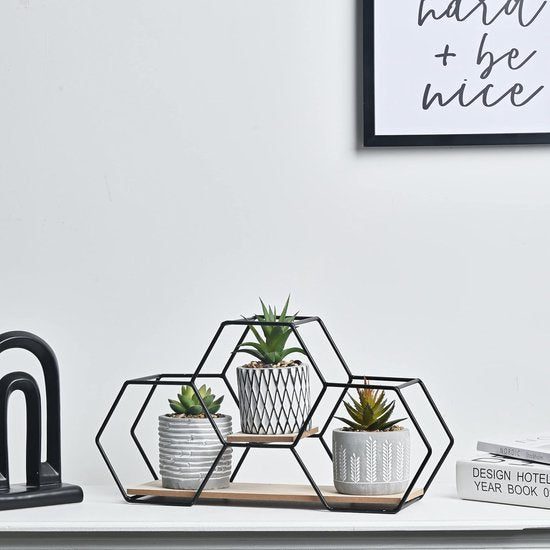 Moderne kunstplant met metalen houten bok voor woondecoratie, set van 3 kunstvetplanten in geometrische keramiek, badkamerdecoratie, woonkamerdecoratie, plankdecoratie, tafeldecoratie