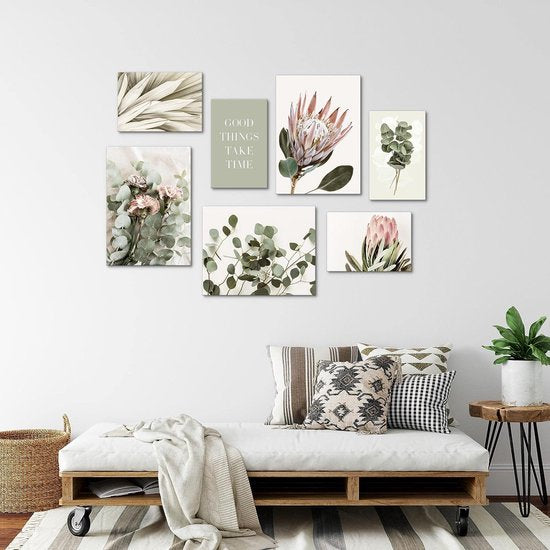 Muurschildingen groene bladeren - complete klaar om op te hangen - Boho beige woonkamer slaapkamer - 7 moderne sfeerafbeeldingen