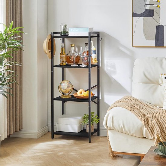 Boekenrek, 4 verdiepingen opbergrek, plantenrek, opbergrek met stalen frame, voor woonkamer, kantoor, werkkamer, hal, industriële stijl, zwart