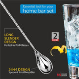 Premium bar-roerlepel met stamper, set van 2, 30,5 cm, roestvrij staal, cocktail-roerlepel met stamper, 2-delige set (zilver, 12x1)