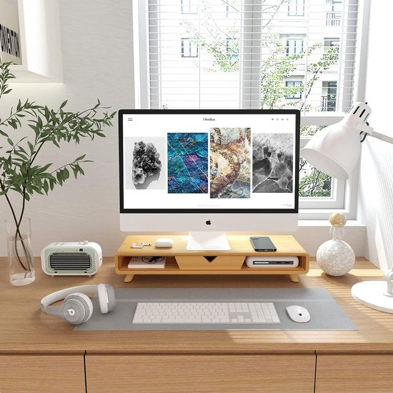Homerays Bamboe monitorstandaard met lade, prachtige ergonomische houten computermonitorverhoging, wit, upgrade-model Homerays Bamboe monitorstandaard met lade, prachtige ergonomische houten computermonitorverhoging, wit, upgrade-model