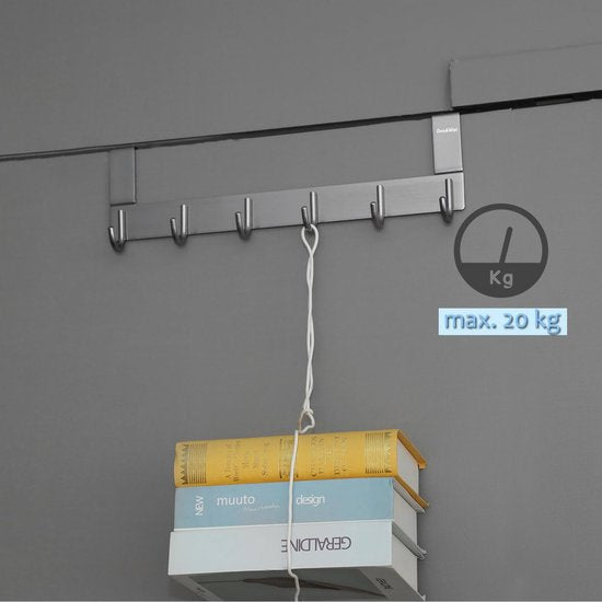 Deurkapstok, A3, deurhaken, 1,5 cm, grijs, kledinghaken, deurhaaklijst met 6 haken, deurhaken om op te hangen, voor keuken, woonkamer, slaapkamer, badkamer