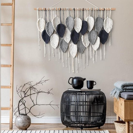Groot wandtapijt, boho macramé, geweven, handgemaakte kwastjes, blad-wandtapijt, Boheemse