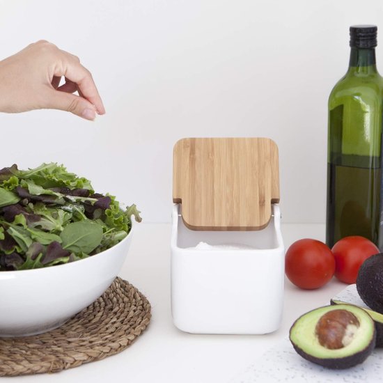 Zoutpot keramiek met klapdeksel van milieuvriendelijk bamboe - praktische zoutpot en zoutcontainer voor de keuken, zoutvat keramiek met deksel, ideaal als zoutpot - wit